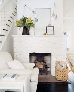 there are pictures of different rooms with white furniture and decor on the walls, including a fireplace