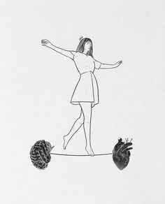 a drawing of a woman balancing on a tightrope between two human heart shaped objects