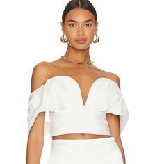 White Draped Off Shoulder Cropped White Bustier Top. Line & Dot Is A Women's Contemporary Collection That Instantaneously Distinguishes Itself By Combining Classic Staples And Modern European Style. - Polyester Blend - Made In China - Dry Clean Only - Exposed Back Zipper Closure - V-Wire Front From Revolve, Bought For $90+Tax White Cropped Tops For Evening, Chic White Crop Top For Night Out, White Cropped Chic Top, Fitted White Crop Top For Evening, White Off-shoulder Top For Evening, White Fitted Top For Evening, Off-shoulder White Blouse For Night Out, Chic White Evening Crop Top, White Off-shoulder Crop Top For Parties