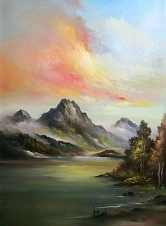 an oil painting of mountains and water