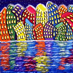 a painting of a cityscape at night with lights reflecting off the water and buildings in the background