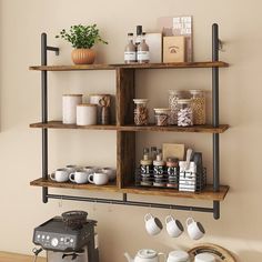 a shelf with coffee cups and other items on it