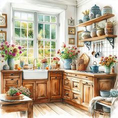 a watercolor painting of a kitchen with flowers in the window and pots on the counter