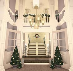 a large room with two christmas trees on the floor and chandeliers hanging from the ceiling