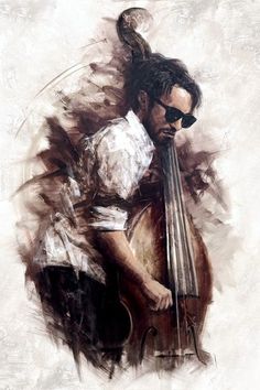 an artistic painting of a man playing the cello