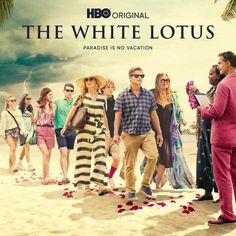 the white lotus movie poster with many people standing in front of them and one man wearing a pink suit