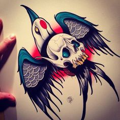 a drawing of a bird with a skull on it