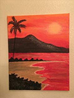 an acrylic painting of a palm tree on the beach at sunset with mountains in the background