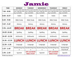 a timetable with the names and dates for jamie's breakfast break, lunch lunch lunch lunch