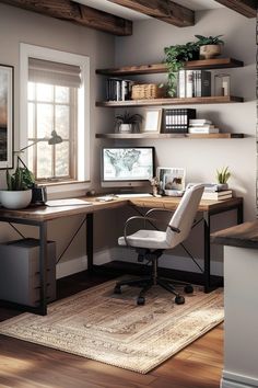 a home office with shelves, desk and chair