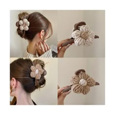 four pictures showing how to make a crochet flower hair clip in 3 easy steps