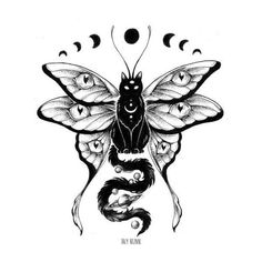 a black and white drawing of a butterfly with eyes on it's wings, surrounded by phases