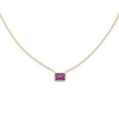 Material: 14k solid yellow gold (Not gold plated or gold filled) Main Stone: Rhodolite Main Stone Shape: Emerald (Rectangle) Stone Size: 7 mm x 5 mm Chain Length: 18 Inch @ 16 Inches (Loop Included) How our jewelry is made: We start each piece of jewelry by carefully sorting through hundreds of gems to find the best looking and internally cleanest gemstone that we have. Once the gem is selected we touch up some of the faceting to ensure that the gem will look fabulous once it is set. Our setting process is what makes us different than most other jewelers. Rather than burying our gem in a chunk of metal we carefully wrap it in a form fitted gold wire. Once the gold is shaped we solder it in place around the gem. This is a tricky thing to do because there is a chance that the gem will break. Single Gem Necklace, Yellow Gold Necklace With Rectangular Birthstone, Rectangular Faceted Yellow Gold Jewelry, Yellow Gold Rectangular Gemstone Necklace, Rectangular Gemstone Necklace In Yellow Gold, Rectangular Yellow Gold Gemstone Necklace, Solitaire Necklace, Fashion Closet, Gem Necklace