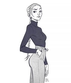 a black and white drawing of a woman with her hands on her hips, wearing high heels