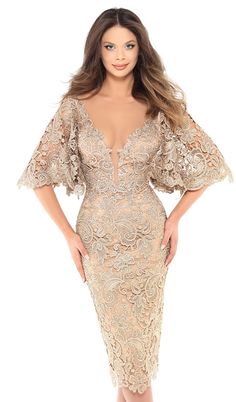 Tarik Ediz - 93740 Floral Lace Bat Sleeve Sheath Dress