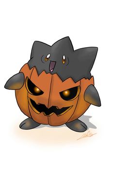 a cartoon pumpkin with two bats on it's face and one has eyes that are glowing