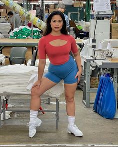 Crop Tops and Short Shorts. That’s Los Angeles. Jade is shown here wearing our 83071GD Cut Out Crop Top in Bisou with our 8330GD Garment Dye Short Shorts in French Blue. Made in South Central, Los Angeles by experienced workers earning fair wages. #thatslosangeles #losangelesapparel #dovcharney #basics #madeinusa Summer Stretch Crop Top With Cutout, Summer Crop Top With Cutout And Stretch, Stretch Summer Crop Top With Cutout, High Stretch Short Sleeve Crop Top For Spring, High Stretch Cropped T-shirt, Spring High Stretch Short Sleeve Crop Top, Fitted Cutout Cropped Tops, Fitted Cropped Cutout Tops, Trendy Stretch Short Length Crop Top