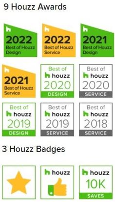 the award for best of houzz awards is shown in green, yellow and white