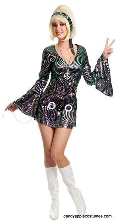 Adult Silver Swirl Disco Diva Costume - Candy Apple Costumes - Browse All Women's Costumes Disco Diva Costume, Gogo Dancer Outfits, 70's Party, Disco Diva, Disco Costume, Latina Outfit Ideas, 70's Disco, Kawaii Clothes Goth, Dancer Costume