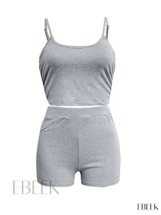 Ebeek - Sleek and Elegant Matching Two-piece Set: Sleeveless Crew Neck Cami Top and Slim Shorts Ensemble, Exquisite Womens Attire Fitted Camisole Set For Summer, Spring Casual Camisole Set, Casual Gray Summer Set, Casual Summer Camisole Set, Casual Spaghetti Strap Summer Sets, Casual Cami Sets For Summer, Casual Summer Cami Sets, Casual Spring Cami Sets, Gray Tank Top For Summer Beach Outing