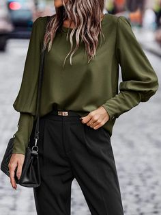 Long Sleeves Loose Buttoned Round-Neck Blouses & Shirts Tops ARMY GREEN-XL Lantern Sleeved Blouses, Spring Blouses, Women Office, Winter Shirts, Mode Design, Loose Outfit, Solid Clothes, Green Shirt, Lantern Sleeves