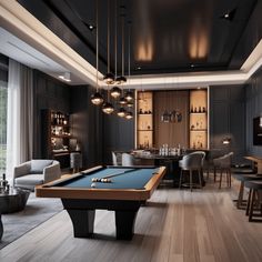 a pool table in the middle of a living room with lots of chairs and tables