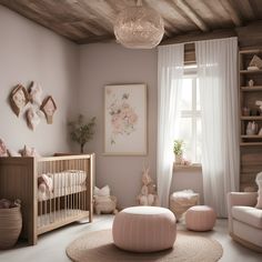 a baby's room with pink furniture and decor