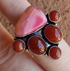 Brand New Handmade Ethnic Stunning Botswana Agate And Multi Carnelian Silver Statement Ring. Size 7 - 7.25 925 Stamped Agate Cabochon Jewelry, Unique Cabochon Gemstones, Handmade Carnelian Ring, Botswana Agate, Statement Ring Silver, Ring Color, 925 Silver Ring, Botswana, 925 Silver Rings