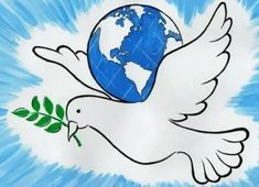 a white dove with a green twig in it's beak and the earth on its back