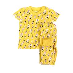 Yellow Flowers Shortsleeve Pajamas Casual Floral Print Sets For Sleepover, Casual Floral Print Sleepover Sets, Spring Matching Set Sleepwear, Spring Printed Sets For Sleepovers, Printed Sets For Spring Sleepover, Printed Sets For Spring Sleepovers, Spring Printed Sleepover Sets, Summer Pajama Party Sleepwear With Crew Neck, Summer Crew Neck Sleepwear For Sleepovers