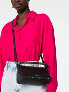 Valentino Garavani Rockstud Leather Crossbody Bag - Farfetch Valentino Rockstud Bag, Valentino Crossbody Bag, Leather Interior Design, Crossbody Bag Outfit, Valentino Crossbody, Black Leather Crossbody Bag, Valentino Rockstud, Black Shoulder Bag, Brown Fashion