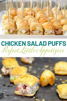 chicken salad puffs with toothpicks in them on a baking sheet, and the recipe is ready to be eaten