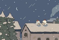 two cats sitting on the roof of a house in the snow at night with falling snow