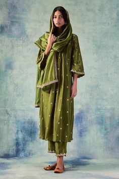 Shop for Punit Balana Green Silk Anarkali Set for Women Online at Aza Fashions Olive Green Anarkali, Mirror Work Anarkali, Punit Balana, Green Anarkali, Silk Anarkali, Glam Chic, Ageless Style, Trendy Sarees, Indian Fashion Designers