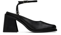 Black Courtney Heels by Justine Clenquet on Sale Calf Leather Ankle Strap Heels With Stacked Heel, Justine Clenquet, Block Heel Shoes, Mary Jane Heels, Leather Block Heels, Slingback Heel, Black Square, Dream Wardrobe, Black Heels