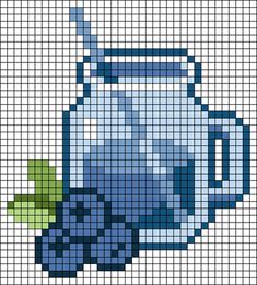 a cross stitch pattern with a blue teapot