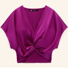 Purple Zara Silky Crop Top Shirt Nwt Elegant Purple V-neck Top, Chic Purple Short Sleeve Tops, Casual Purple Zara Tops, Elegant Purple Summer Tops, Chic Purple V-neck Top, Elegant Purple Short Sleeve Tops, Chic Zara Short Sleeve Tops, Bow Crop Tops, Knotted Blouse