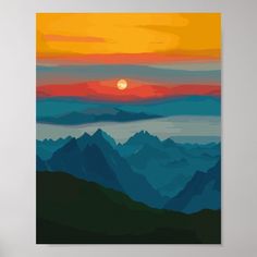 a painting of mountains with the sun setting over them