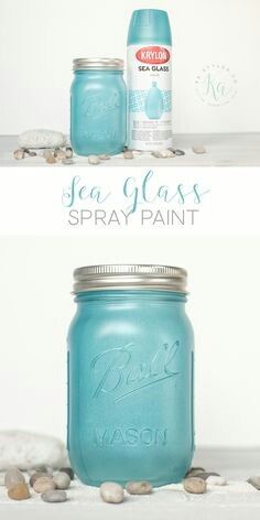 a blue mason jar with sea glass spray paint