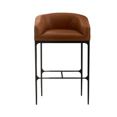 a brown leather bar stool with black metal frame and foot rest on an isolated white background