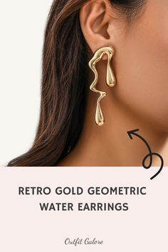 Retro Gold Geometric Water Earrings Vintage Drop Earrings For Pierced Ears, Retro Teardrop Earrings As Gift, Retro Drop Earrings, Retro Dangle Earrings For Pierced Ears, Vintage Gold Teardrop Earrings For Party, Retro Teardrop Earrings For Pierced Ears, Retro Pierced Drop Earrings, Retro Metal Drop Earrings Jewelry, Retro Gold Drop Earrings