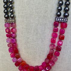 Bright pink glass beads and gray metal beads long necklace, stunning necklace, unique gift, art deco. No earrings Ready to ship from California ! Elegant Pink Beaded Necklace With Gemstone Beads, Elegant Pink Gemstone Beaded Necklaces, Pink Jewelry With Silver Round Beads, Pink Beaded Long Necklace, Elegant Silver Hematite Beaded Necklaces, Elegant Pink Beaded Necklace With Faceted Beads, Handmade Elegant Hematite Jewelry, Pink Double Strand Gemstone Beads Jewelry, Pink Jewelry With Silver Beads For Party