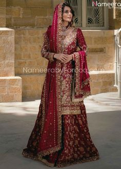 Pakistani Embellished Red Bridal Sharara Dress Red Sharara, Bridal Sharara, Sharara Dress, Pakistani Bridal Dress, Red Bridal Dress, Beautiful Bridal Dresses, 3 Piece Outfit, Stylish Wedding Dresses, Pakistani Bridal Wear