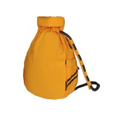 a yellow bag with black straps on it