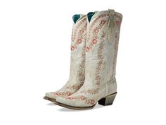 Corral Boots A4455 - Women's Boots : White : Featuring a premium leather upper with a striking floral embroidery work, a leather lining, and a cushioned leather insole, the Corral Boots A4455 ticks off each and every box when it comes to an investment-worthy footwear. The shoes highlight a snip toe perfectly balanced by a western block heel and come in an easy pull-on style. Mid-calf length silhouette. Leather outsole. Imported. Measurements: Heel Height: 1 6 in Weight: 4 lbs 15.7 oz Product mea Traditional Snip Toe Boots For Spring, Spring Leather Boots With Floral Embroidery, Fall Floral Embroidered Snip Toe Boots, Fall Floral Embroidery Snip Toe Boots, Embroidered Leather Boots With Snip Toe, Embroidered Leather Boots For Fall, Fall Embroidered Leather Boots, Corral Boots Womens, Simple Street Style