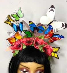 Listing is for one hand made floral/ butterflies headband. Butterfly Headband Costume, Diy Butterfly Headpiece, Butterfly Crown Hairstyle Wig, Butterfly Headdress, Flower Crown With Butterflies, Butterfly Crown, Wedding Hair Wreath, Butterfly Party, Floral Headpiece