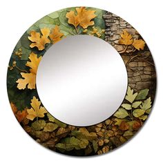 a round mirror with leaves on it and a brick wall in the backround