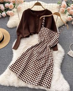 Winter Fashion Korean, Dresses Two Piece, Cardigan Sleeveless, Two Piece Suits, Cute Dresses For Party, Fashion Top Outfits