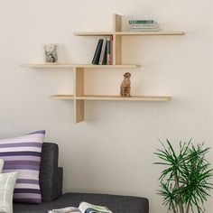 a living room filled with furniture and bookshelves next to a potted plant