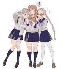 three girls in school uniforms standing next to each other